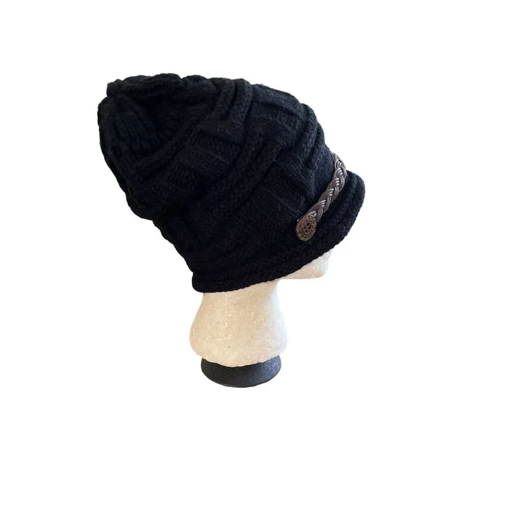 Black beenie toboggan hat with brown beading and buttons in front